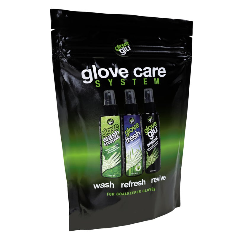 جلوف جلو مجموعة نظام العناية بقفازات حراسة المرمى من gloveglu × 3 - بما في ذلك الغسيل والتحضير بتركيبة حارس المرمى المتميزة 120 مل، قفاز حراسة المرمى بخاخ منعش 120 مل وبخاخ تركيبة حارس المرمى الأصلي 120 مل - Image 1